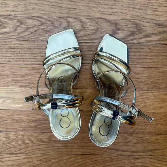 Calvin Klein Golden Heeled Sandal - 4" - Square Toe & Stunning- Size 6 - Picture 1 of 10